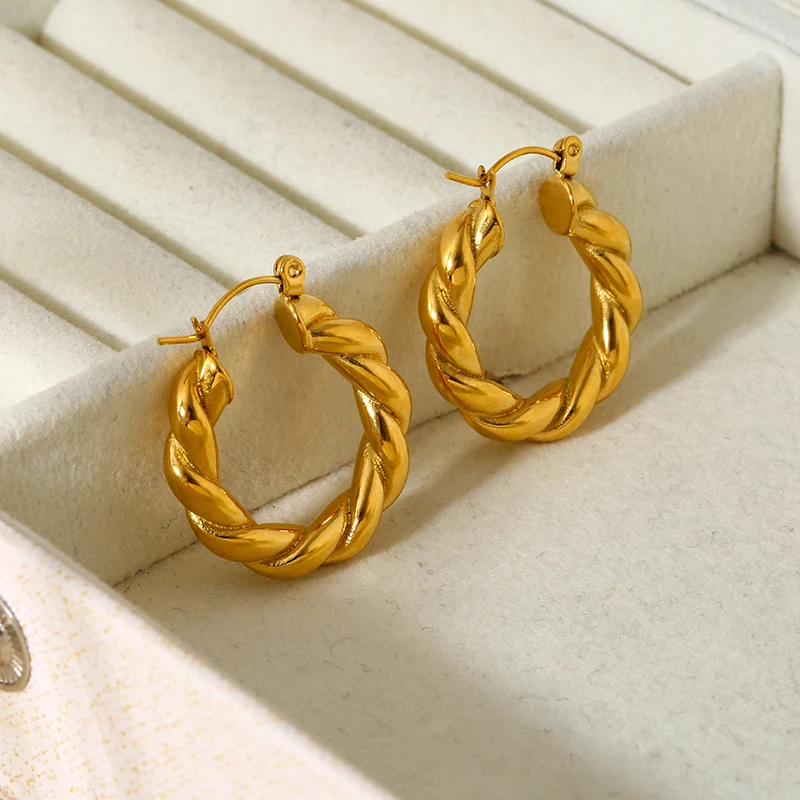 

New Stylish Stainless Steel Hypoallergenic Earring Waterproof Jewelry Golden Metal Twisted Hoops for Women Party Gift