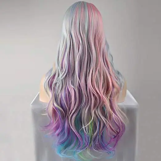 Full Long Curly Wavy Rainbow Hair Wig Heat Resistant synthetic Wig for Festival Theme Parties Wedding Concerts Dating Cosplay