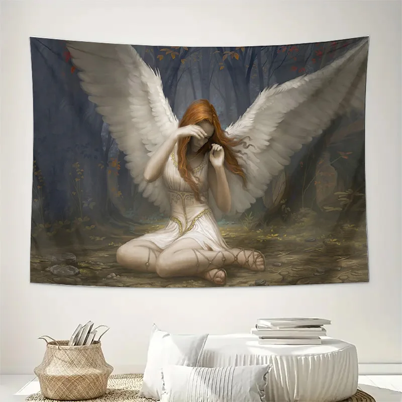 Sad Angel with White Wings in Forest Wall Tapestry Machine Washable All Season Decor Print Home Enhance spatial aesthetics