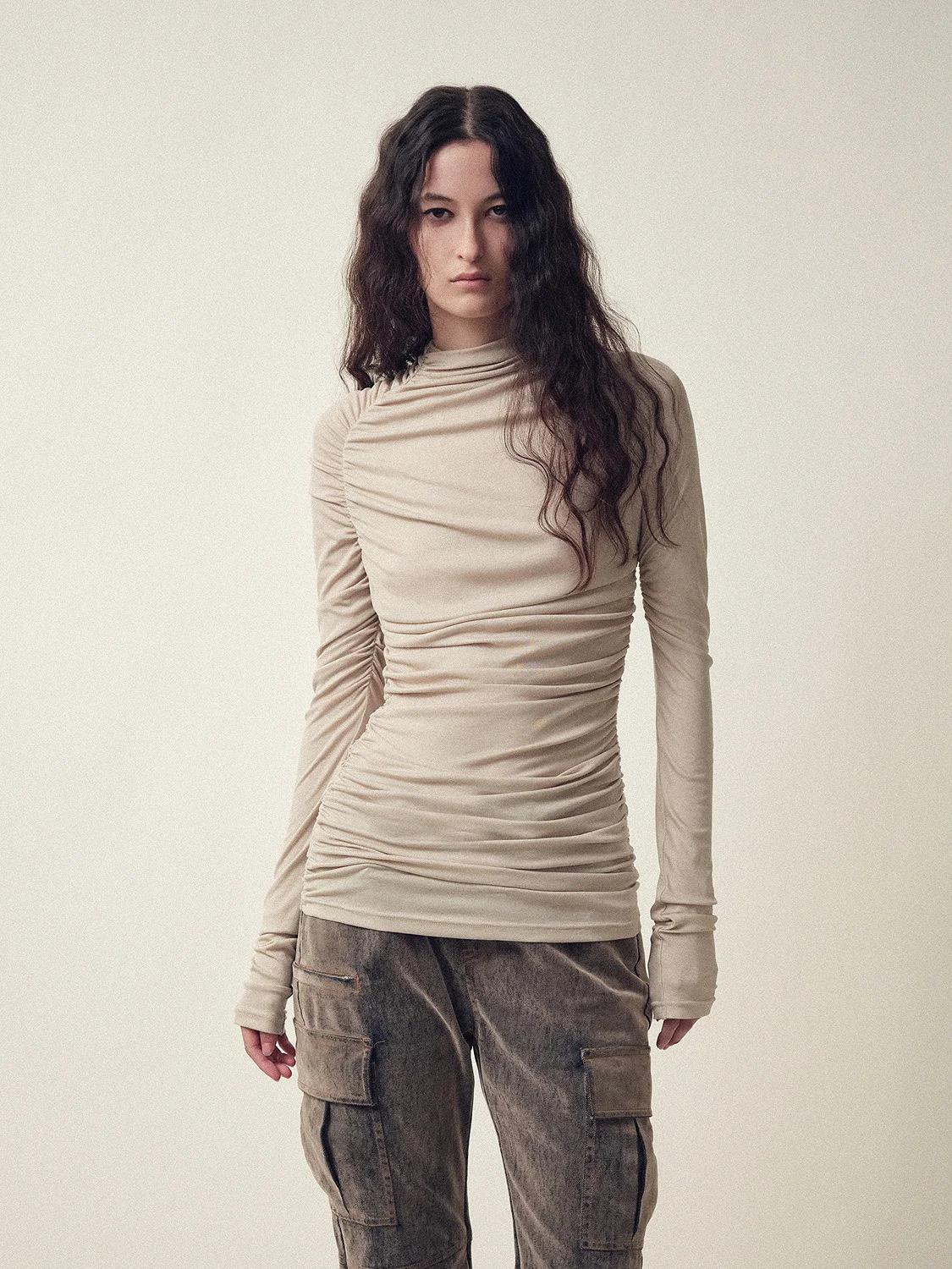 

ZhiEn Fu Long Sve T-irt Asymmetric 3D Pleated f High Ne Slimming Long Sve Women's T-irt Autumn Season Casual S...