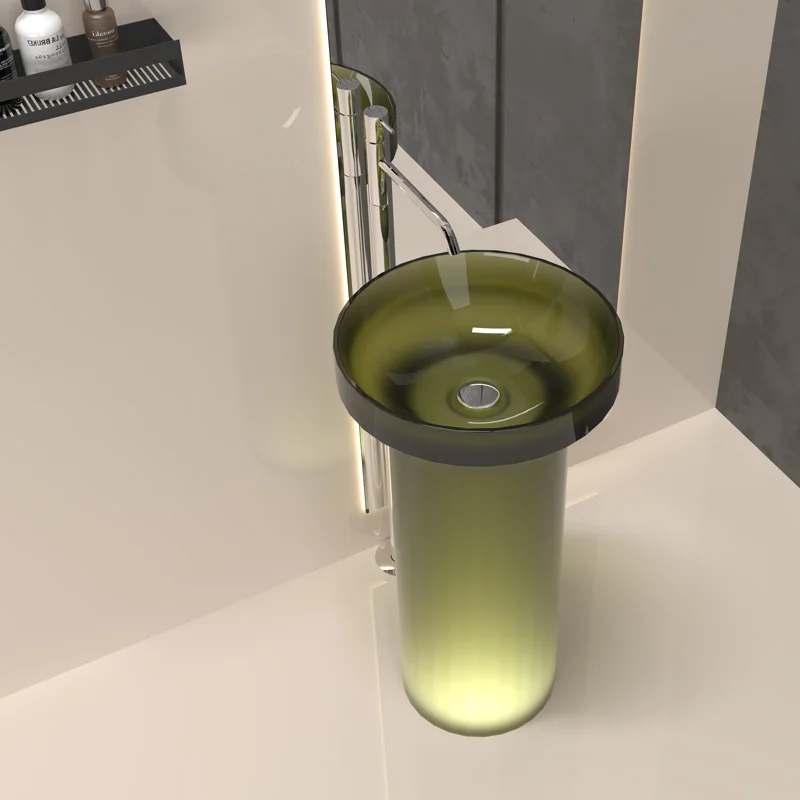 Free-standing transparent wash basin with 100% resin round design, suitable for hotels with drain accessories