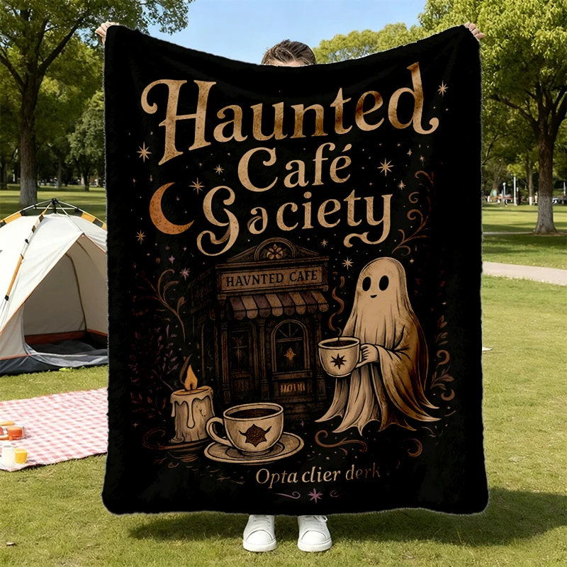 Haunted Cafe Society Warm Blanket, Comfort Halloween Soft Blanket, Ghost Coffee Comfy Blanket, Spooky Cafe Flannel Throw