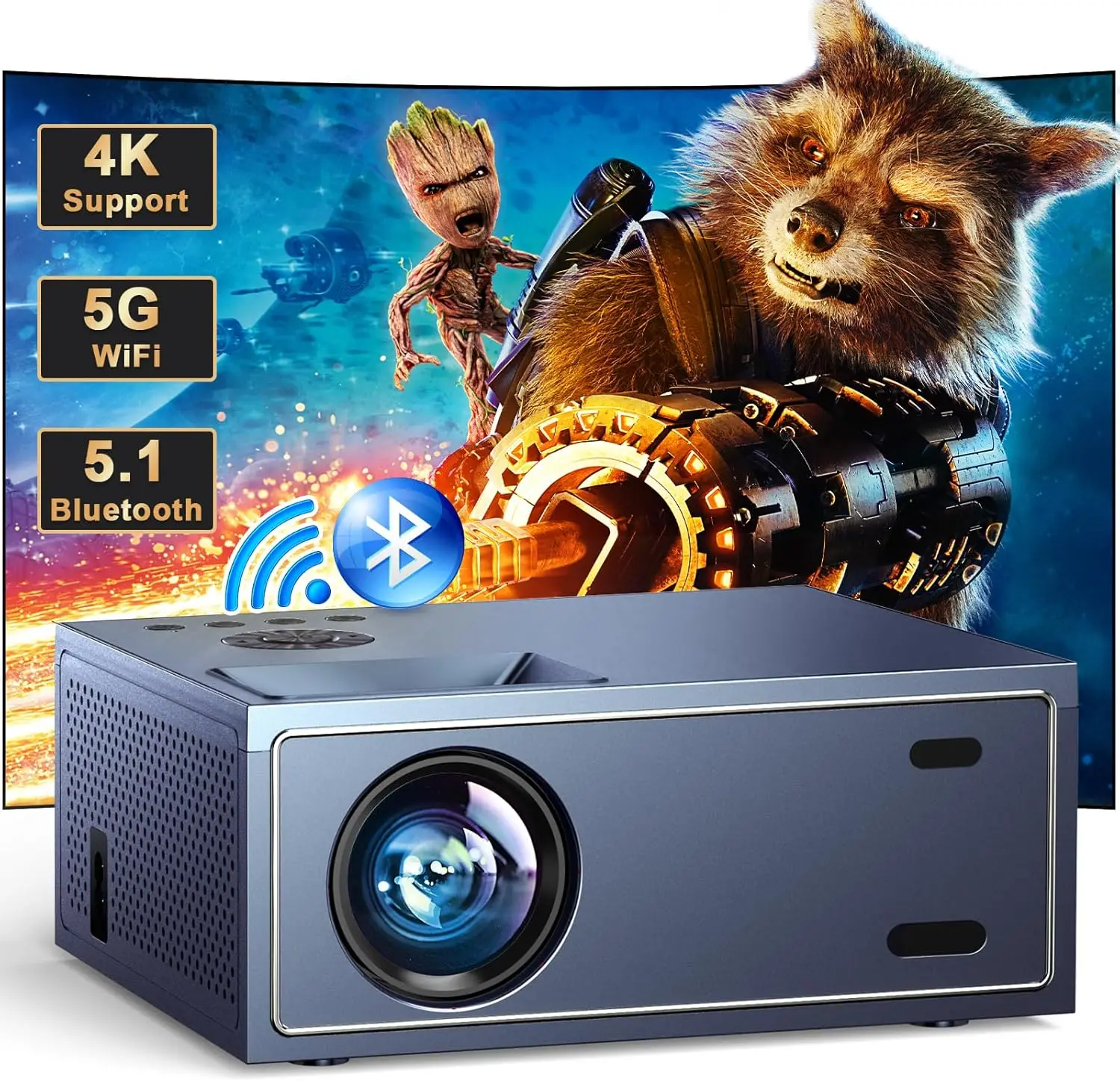 

4K Support Projector with Wifi and Bluetooth, Portable Mini Projectors for Outdoor Movies Use, Video Projector Compatible with T