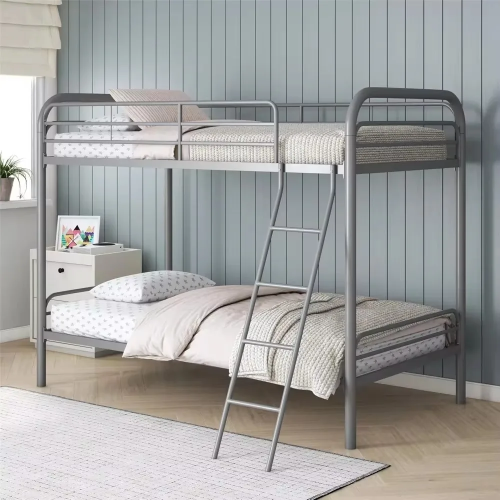 Dusty Metal Bunk Bed Frame for Kids, Teens, and Adults, with Angled Ladder, High Full Length Guardrail, Smooth Rounded Edges