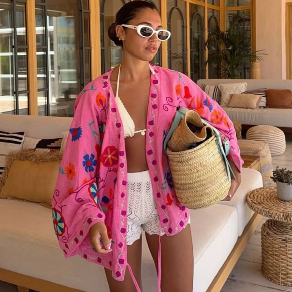 Holiday Floral Embroidery Jacket For Women Cardigan Casual Cotton Linen Loose Flare Long Sleeve Autumn Spring Boho Beach Jackets
