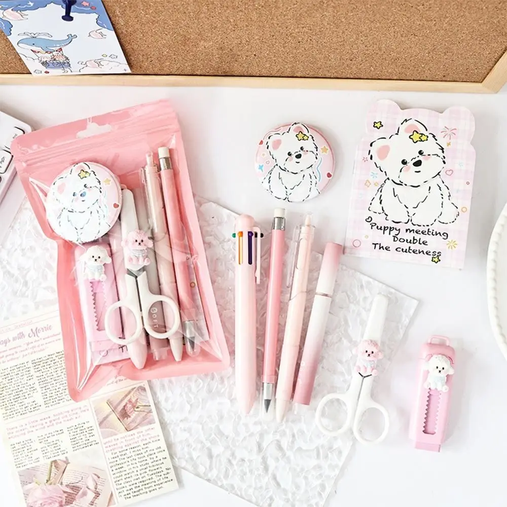8pcs Cartoon Blue/Pink Stationery Set Puppy Design Students Gift Writing Set Gel Pen Correction Tape School Office