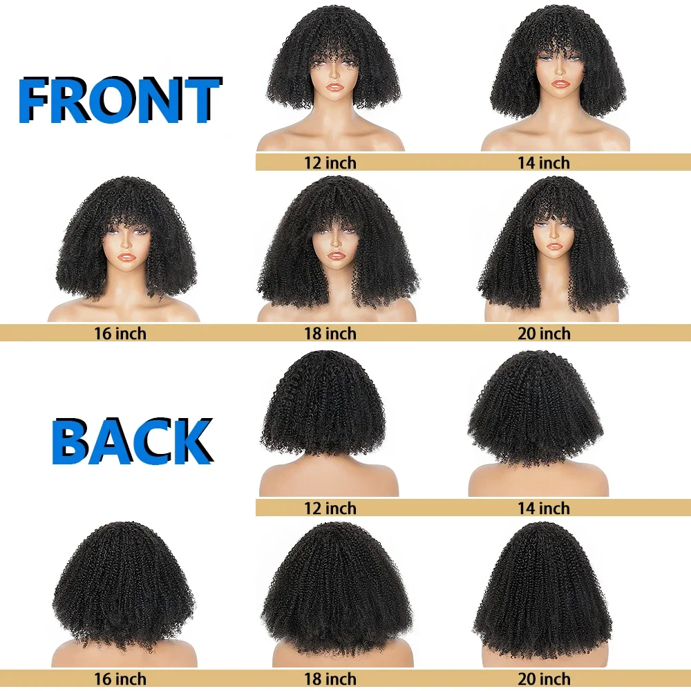 Perruque afro bouclée sans colle avec frange pour femmes noires, cheveux humains vierges crépus, densité 200%