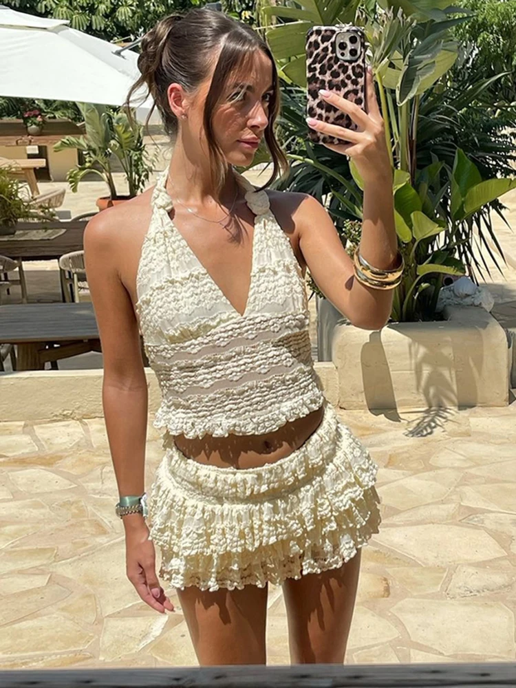 

Insglas Classic Ruched Elegant 2 Piece Set Women Y2K Sweet Style Halter Low-Neck Tops+Tierred Mini Skirts Street Fashion Suit
