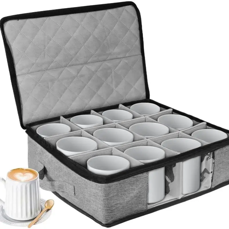 Stackable Mug Organizer Multipurpose Zipper Coffee Cup Organizer Tea Cups Storage Organizer with Dividers China Storage Box for