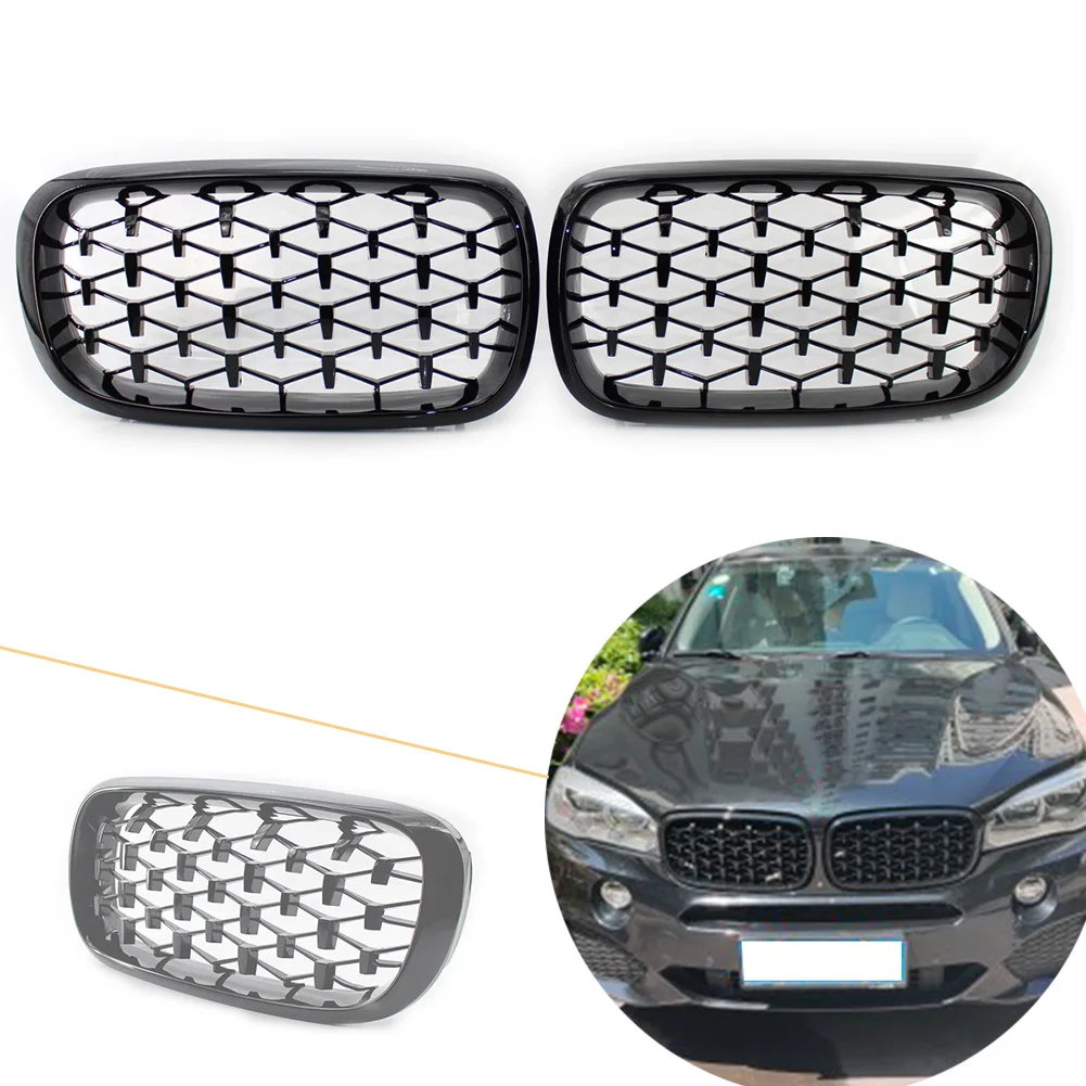 1 Pair Car Front Kidney Grille Diamond Meteor Style Glossy Black Grill For BMW X5 F15 F85 2014 2015 2016