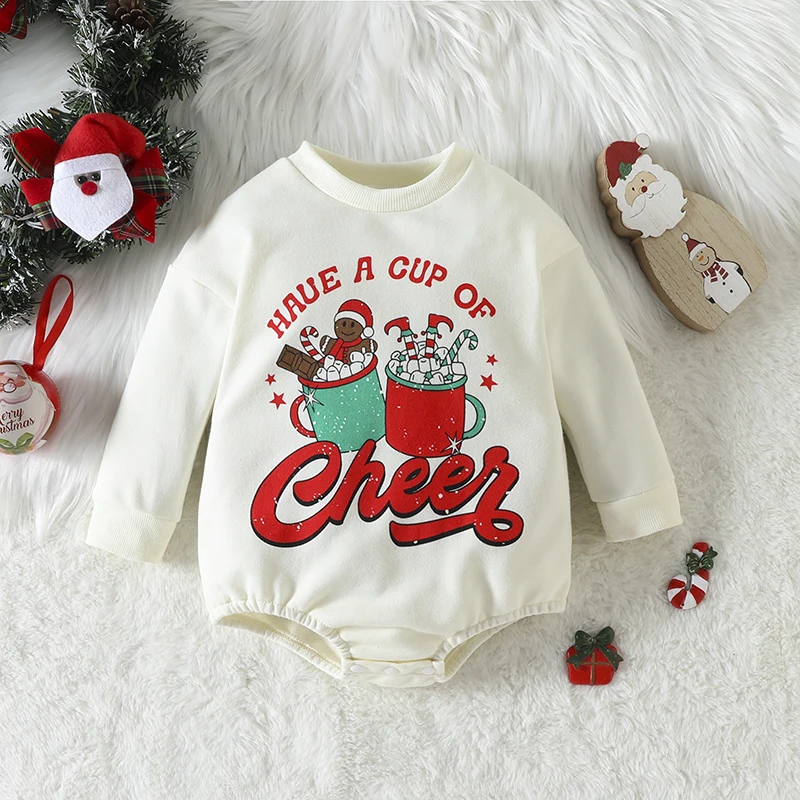 Infant Baby Christmas Jumpsuit Cartoon Pattern Letter Print Long Sleeve Round Neck Romper for Boys Girls