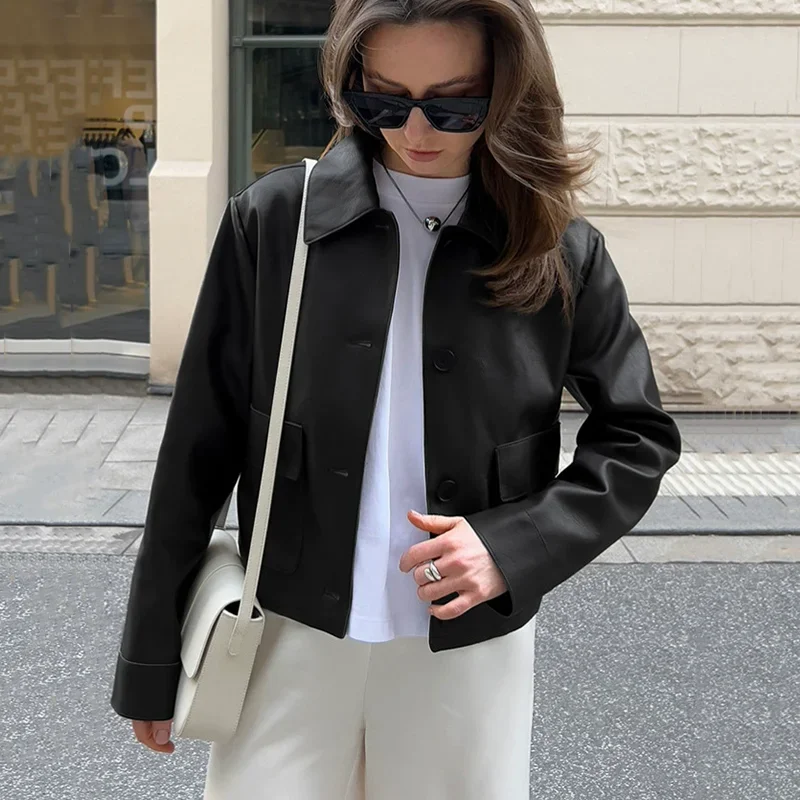 2026 nuove donne giacca corta monopetto in ecopelle Office Lady Casual High Street vestibilità ampia