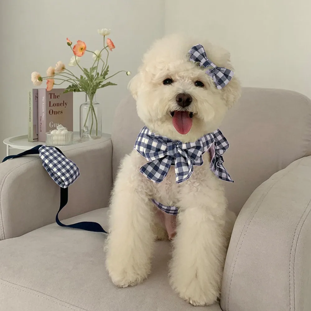 1/set Pet Dog Plaid Harness Color Contrast Traction Rope Pet Fungus Lace Short Vest Walking Dogs Rope Pet Supplies Dog Harness