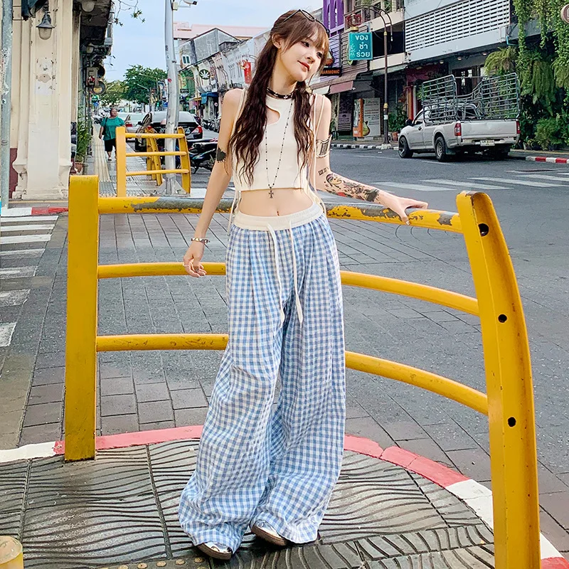 

Korean Version of Sweet and Cool Color Checkered Women's High Waisted Casual Wide Leg Pants Harajuku Academy Style Loose Pants