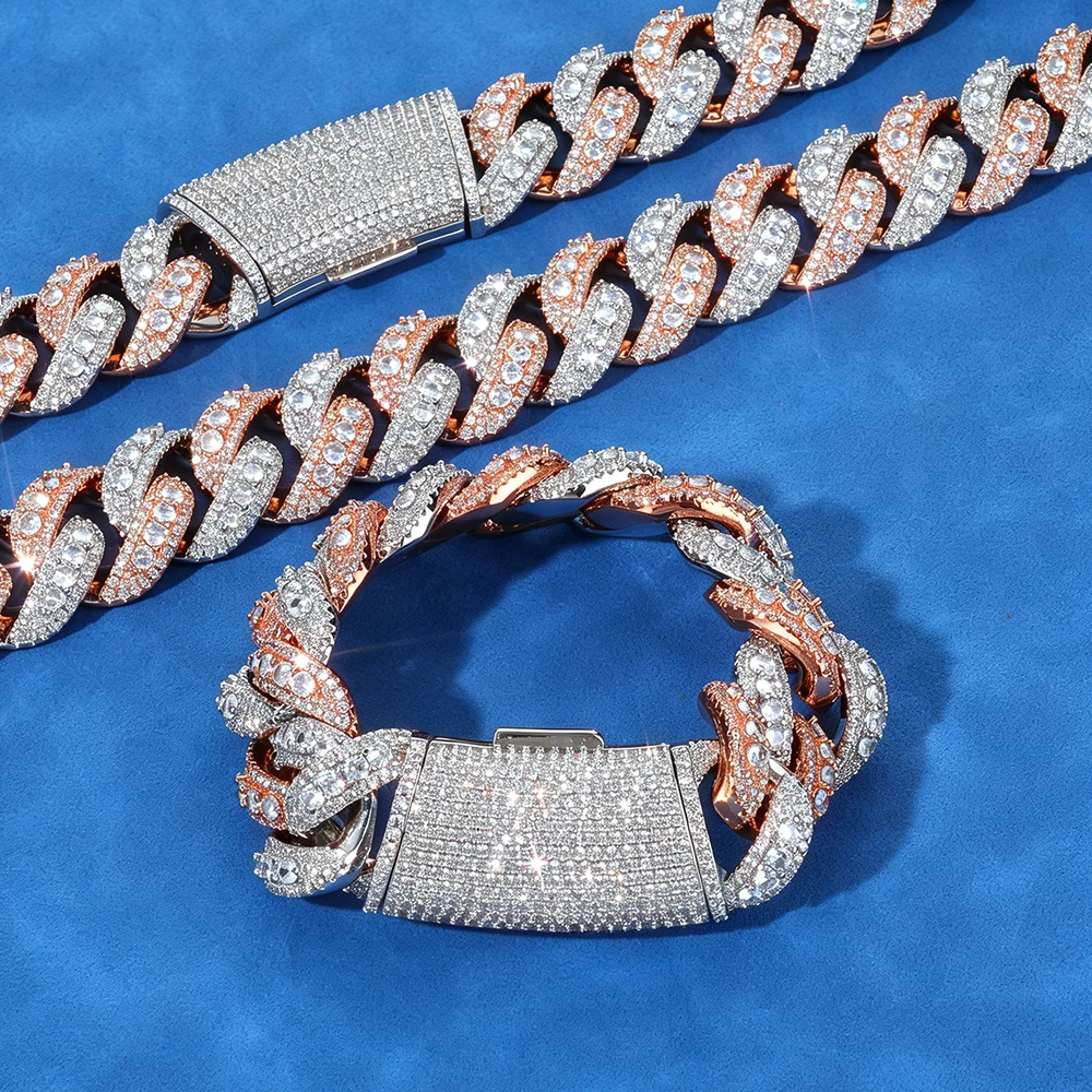 Luxury NUOYA Moissanite Jewelry 925 Sterling Silver Two Tone Cuban Link Chain Iced Out Diamond Flip Lock Clasp Necklace for Men.