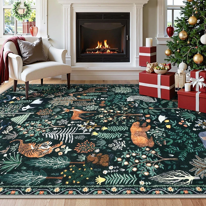Living Room Carpet Non-slip Machine Washable Soft Comfortable Floor Mat Large Size Green Animal Plant Print Home Decoration Rug