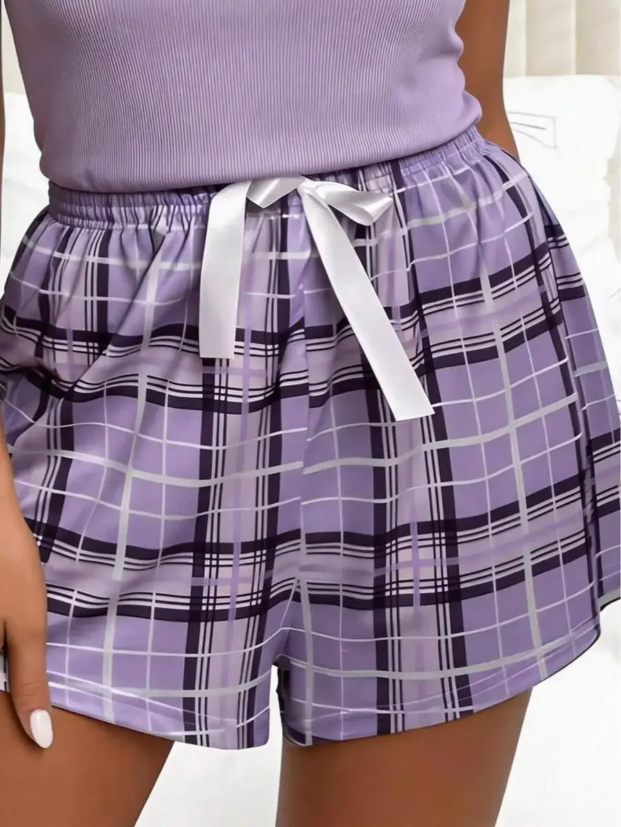 

Lavender Checkered Lounge Shorts With Satin White Tie Waist For Women, Soft Comfortable Home Wear