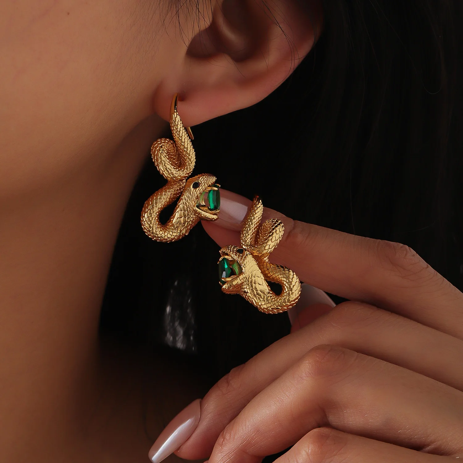 18K Gold Plated Snake Earrings  Green Cubic Zirconia  Fashion Item  Everyday Wear  Christmas  Women's Gift  Anniversary  Cherish