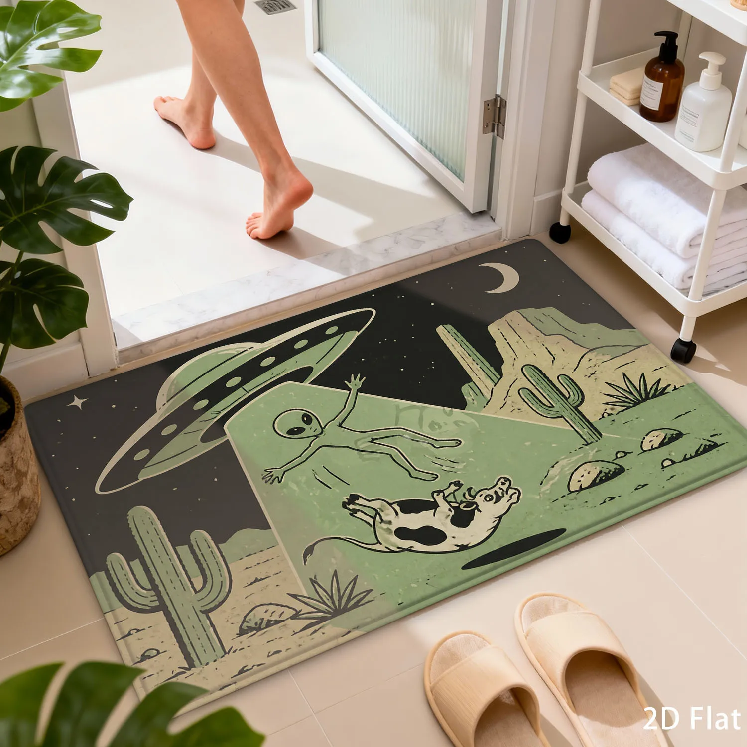 Funny Alien UFO Bathroom Mat Set 3 Piece Set Cute SciFi Space Decor for Bathroom Floor Rugs