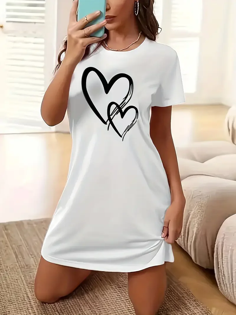 Women's Heart-Print Casual Pajama Dress, Short-Sleeved Round-Neck T-Shirt Dress, Comfortable Loungewear