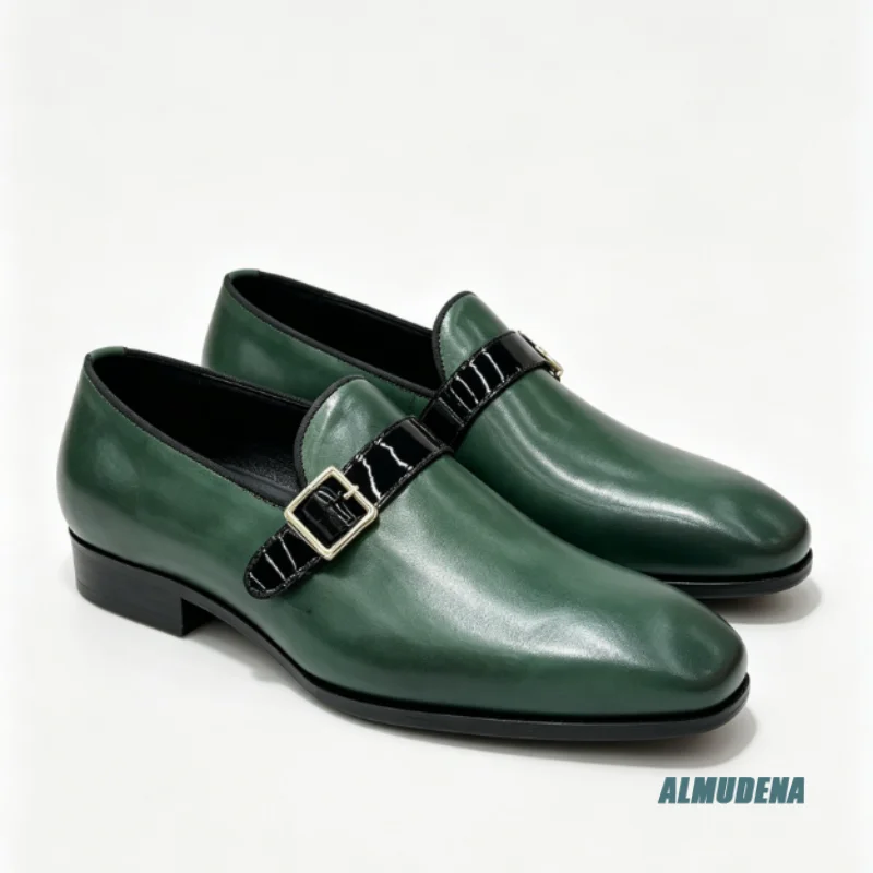 Trendy Men's Slip On Monk Shoes Glossy Patent Faux Leather Loafers Single Buckle Pointed Toe Business Evening Formal Dress Shoes