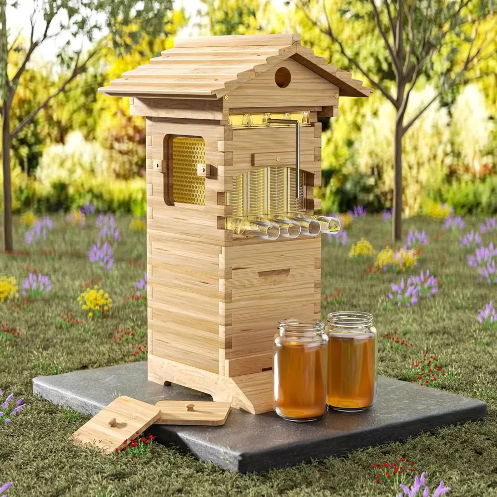 

Bee Hives Boxes Starter kit with Automatic Nectar Harvesting Hive Frames (Wood Color)
