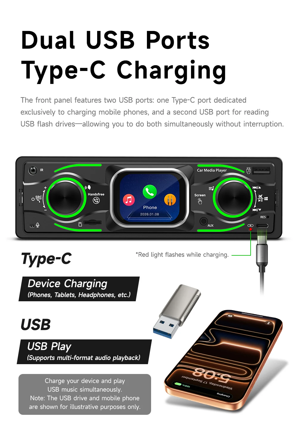 BQCC 2.2 Inch Car MP3 Player FM Radio AUX Input TF SD Card BT 15 Band EQ Type-C Charging Reverse Polarity Protection