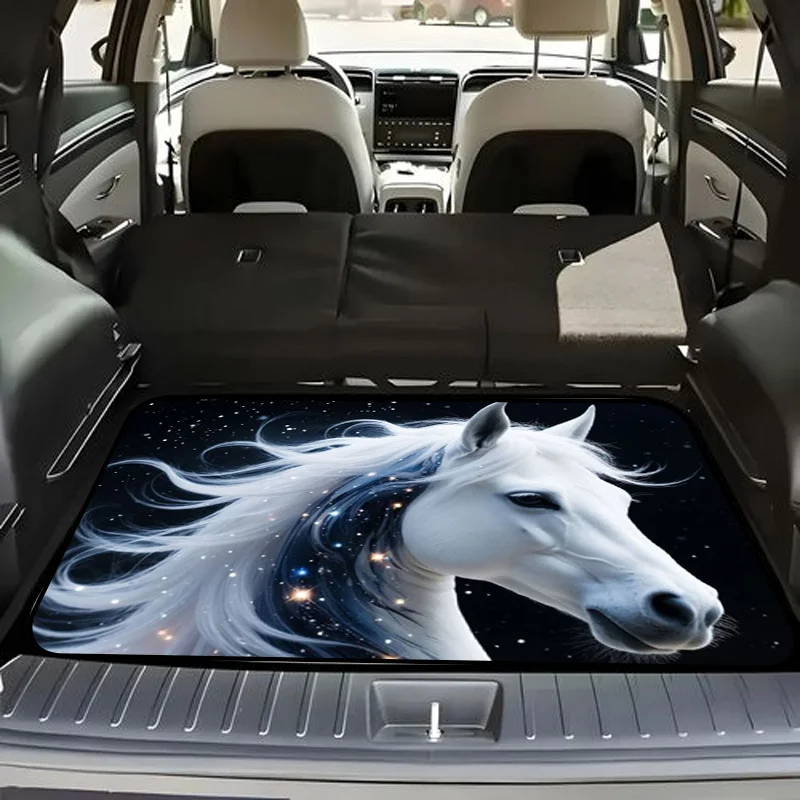 1pc Stylish Car Trunk Mat WithCelestial White Horse With Star - Filled Mane And Tail, Dark Starry Night Sky Background, Magical