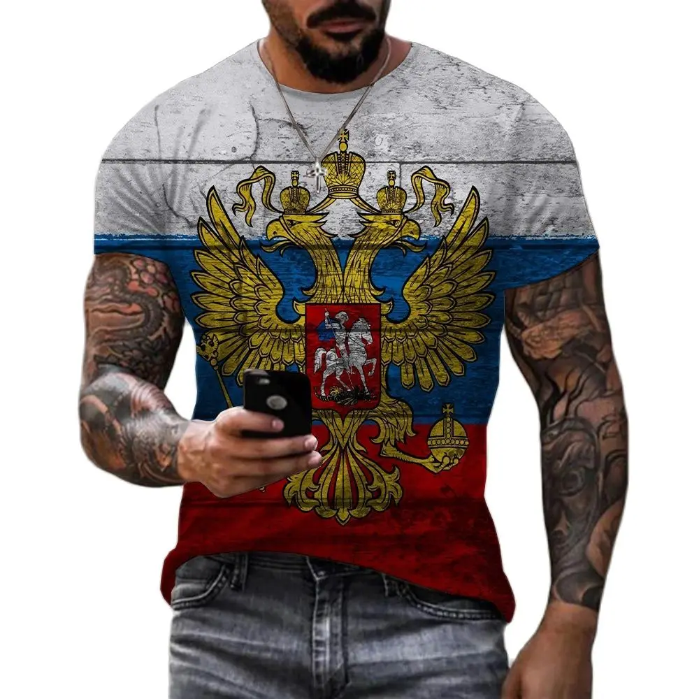 2024 New Men\'S Clothing Fashion Russia Flag 3D Printing Print Men\'S Russia Bear T-Shirt Short Sleeve  Streetwear Oversized Top