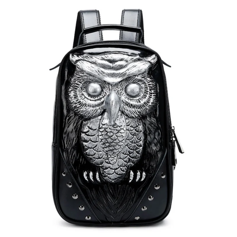 Mochila moderna para ordenador portátil, bolso escolar con remaches Punk de cuero Pu, animal en relieve 3D, búho, monedero para niñas adolescentes