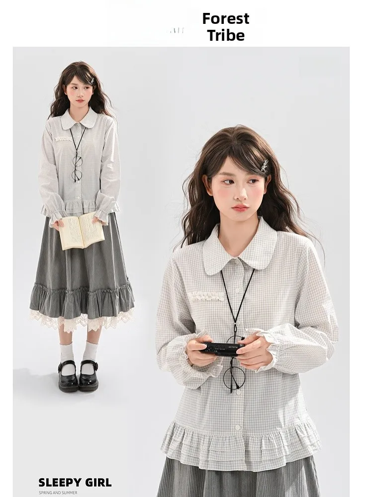 

Хлопковая клетчатая одежда Long Sve irt, женская свободная посадка с кукольным воротником, осень-зима, повседневная одежда для колледжа, дышащая пот...