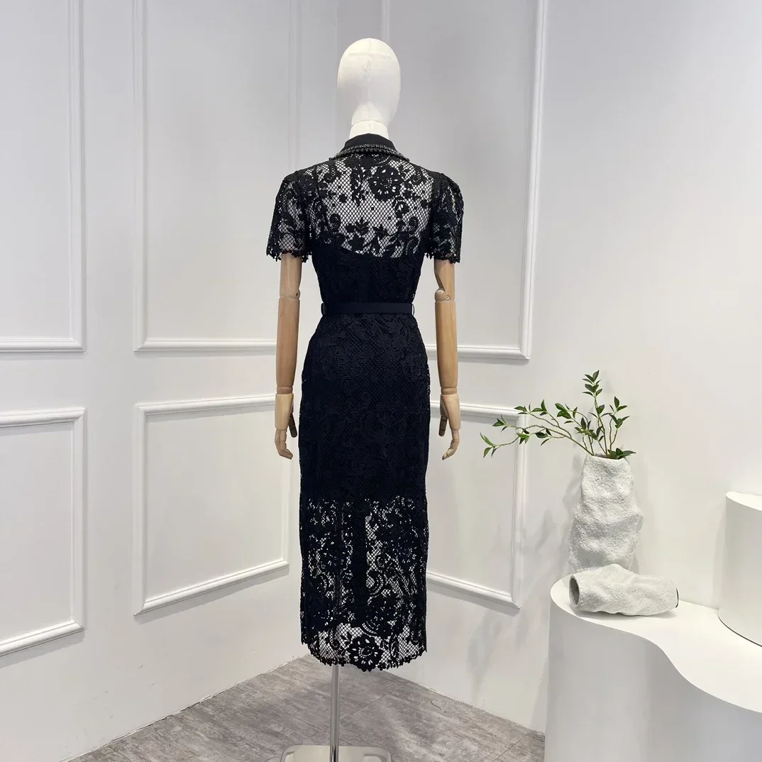 2024 New Vintage Original Quality Black White Hook Flower Hollow Beading Short Sleeve Pockets Buttons Woman Midi Dress