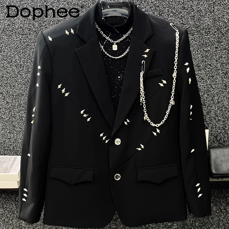 

High-End Metal Suit Jackets Men 2025 Autumn New High Street Fashion Trendy Chain Suit Jackets Male Handsome Chic Tailored Coats