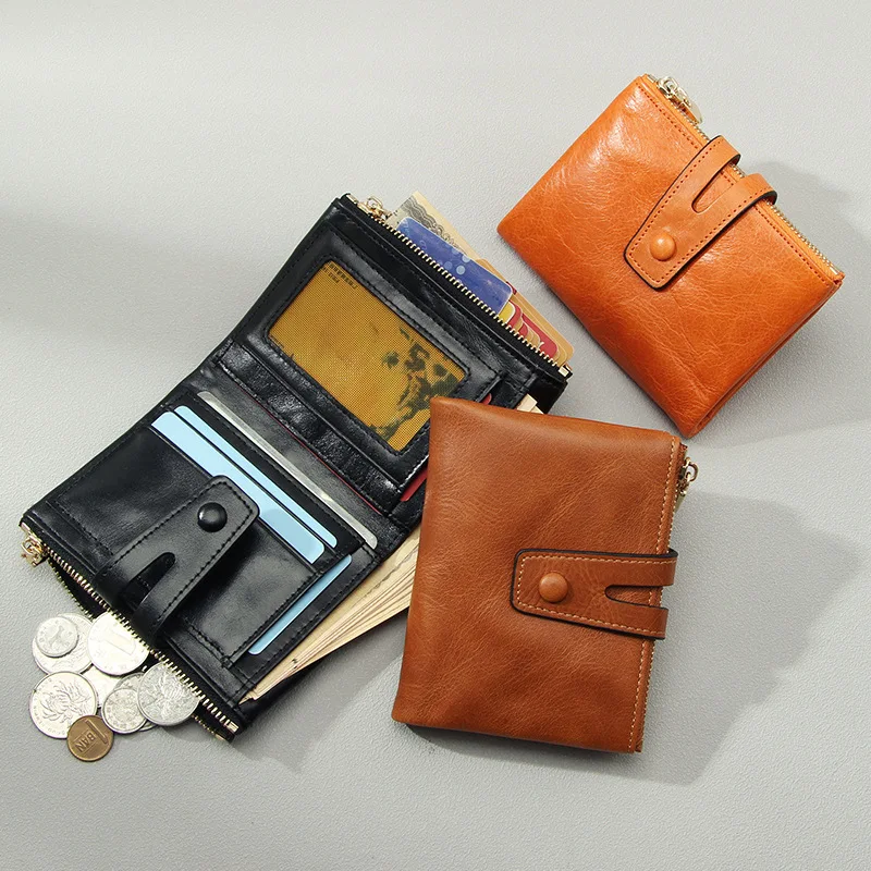Multi-Pocket Women Leather Bifold Purse, Snap Button Wallets with Side Zipper Coin Slot & Clear ID Window for Cash Cards Coins