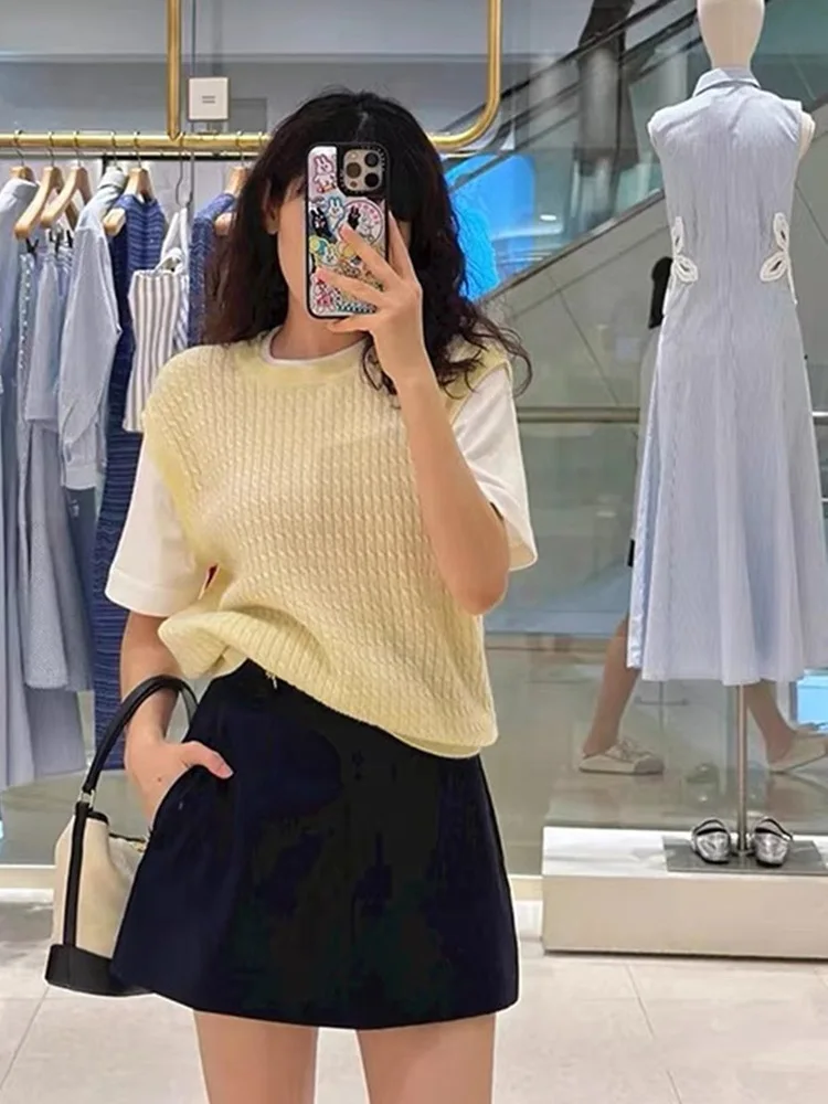 

High-End Knitted ey T-irt Women's Patchwork Design Sensation Fake Two-Piece Spiral Twist Design Regular Sve Length