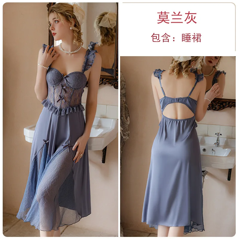 Plus Size Sexy Lace Underwire Padded Slip Dress with Long French Robe Sheer Mesh Nightgown Sleepwear Lingerie Set Women J2670 view 4