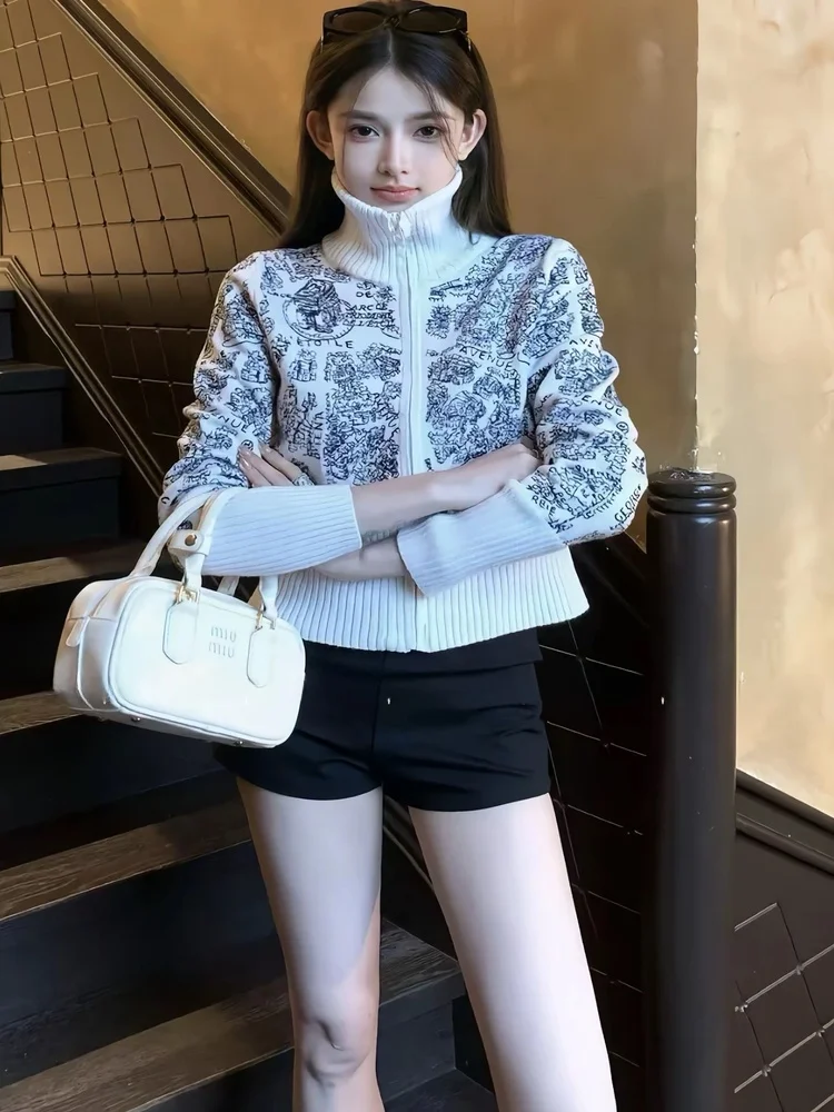 

Women's Slim Fit Knitted Sweater High Collar Embroidery Heavy Embroidery Zipper Short Cardigan Style Autumn Warm Outerwear