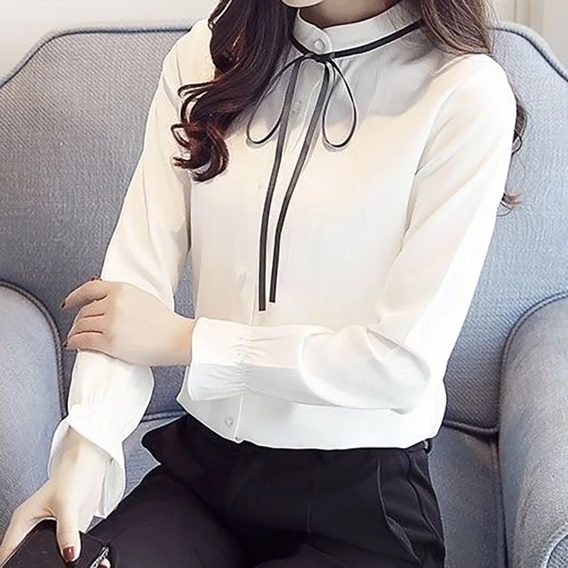 Elegant Stand Collar Button Lace Up Bow Shirt Female Clothing 2022 Autumn New Loose Casual Tops Long Sleeve Sweet Blouse