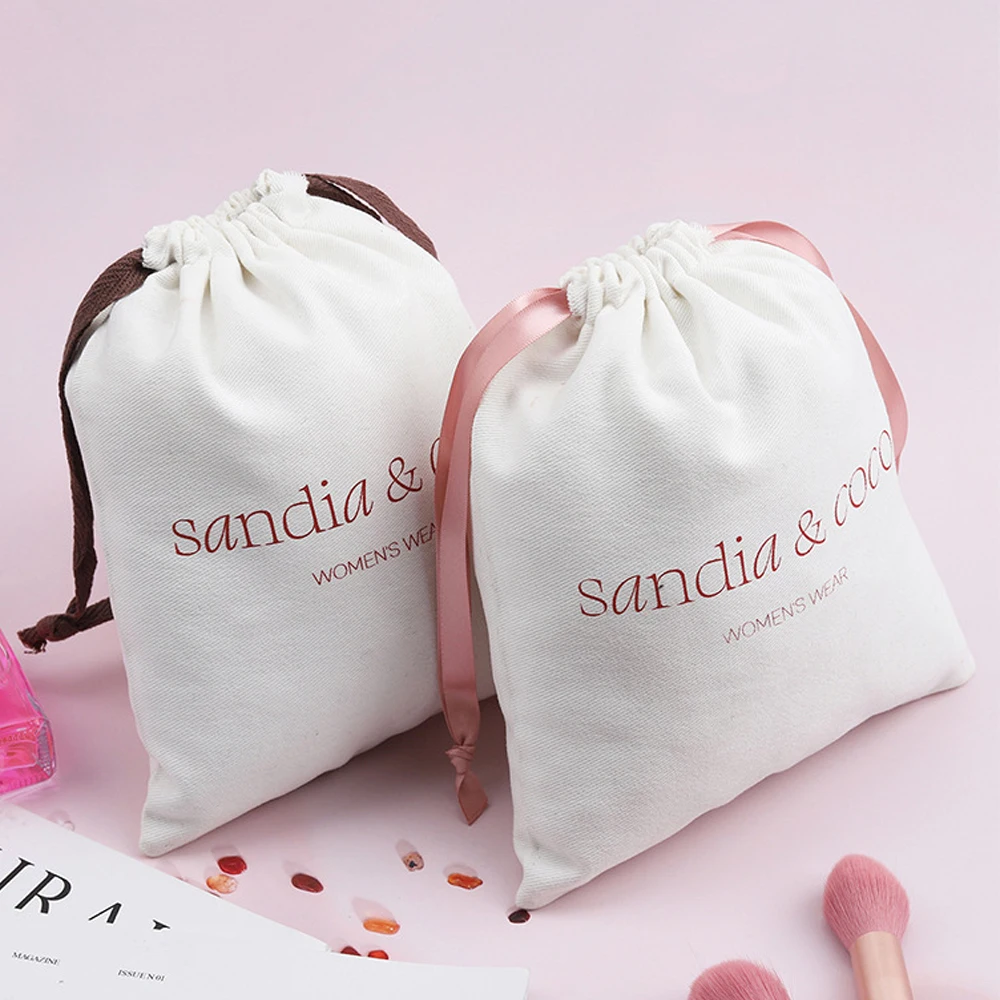 

Custom Logo White Cotton Ribbon Drawstring Jewelry Bag Gift Pouch For Earring Ring Necklace Packaging Soap Cosmetic Dust Pocket