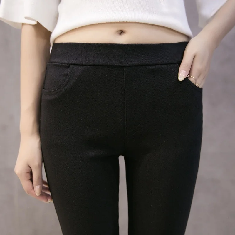High Waist Elastic Women's Leggings Thin Stretchy Bottom Pants Black Nine Point Pants Loose Fit Long Trousers plus Size