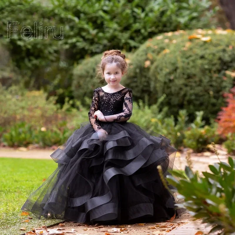 Long Sleeve Black Flower Girl Dresses Ruffles Tulle Appliques Child Birthday Party Wedding Holy Communion Dresses for Kids Girl