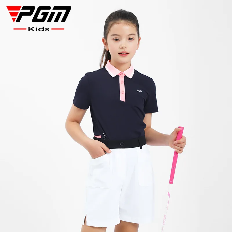 

PGM Kids Summer Outdoor Golf Sportswear Girls Short-sleeved Golf T-shirts Children Soft Elastic Tops Turn-down Golf Trainning