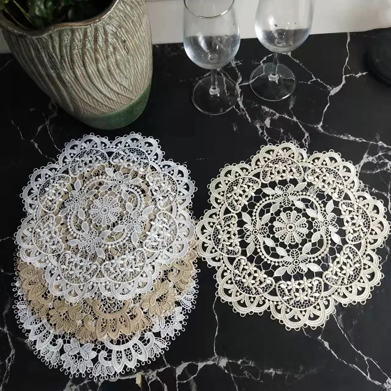 Pastoral retro crochet embroidery round table mat wine glass coffee cup non-slip pad bar coaster Christmas wedding decoration