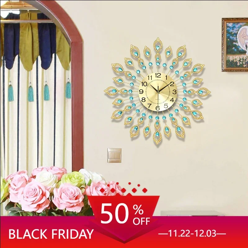 Peacock Wall Clock Quartz Round Big Size Golden Wall Clock Creative Bedroom Battery Operated Duvar Saati Living Room Decoration