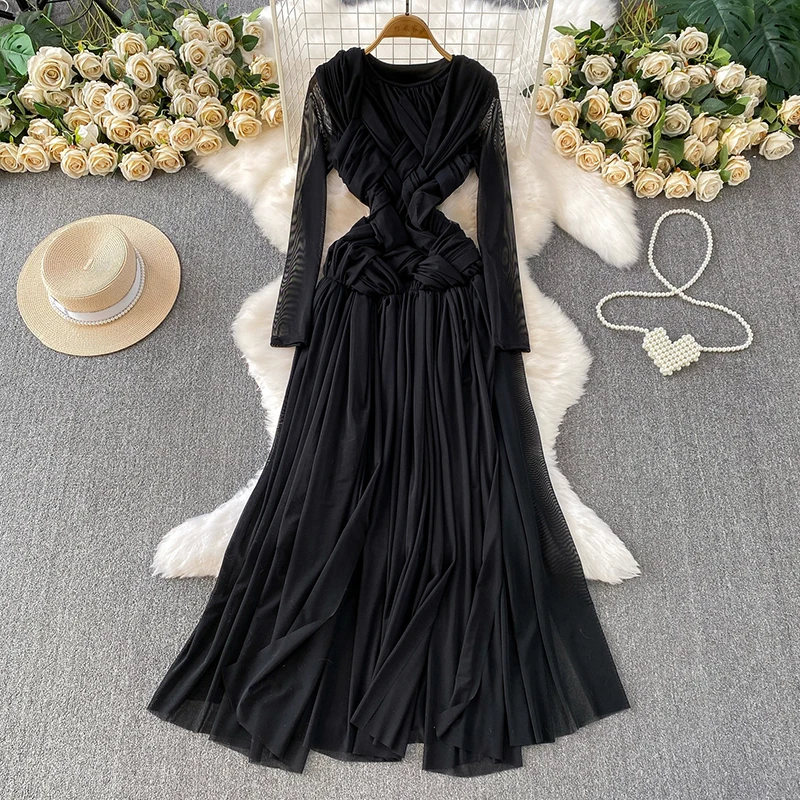 Evening Party Criss-cross Long Dress Maxi Women Long Sleeve High Waist Transparent Mesh Dress Fashion Red Dresses Vestidos Mujer