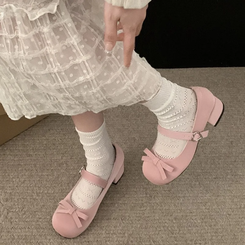 

Women's Round Head Pink Thick Heel Mary Jane Shoes 2025 New Sweet Vintage Women's Bow Round Head Cute Designer Shoes Pink Heels