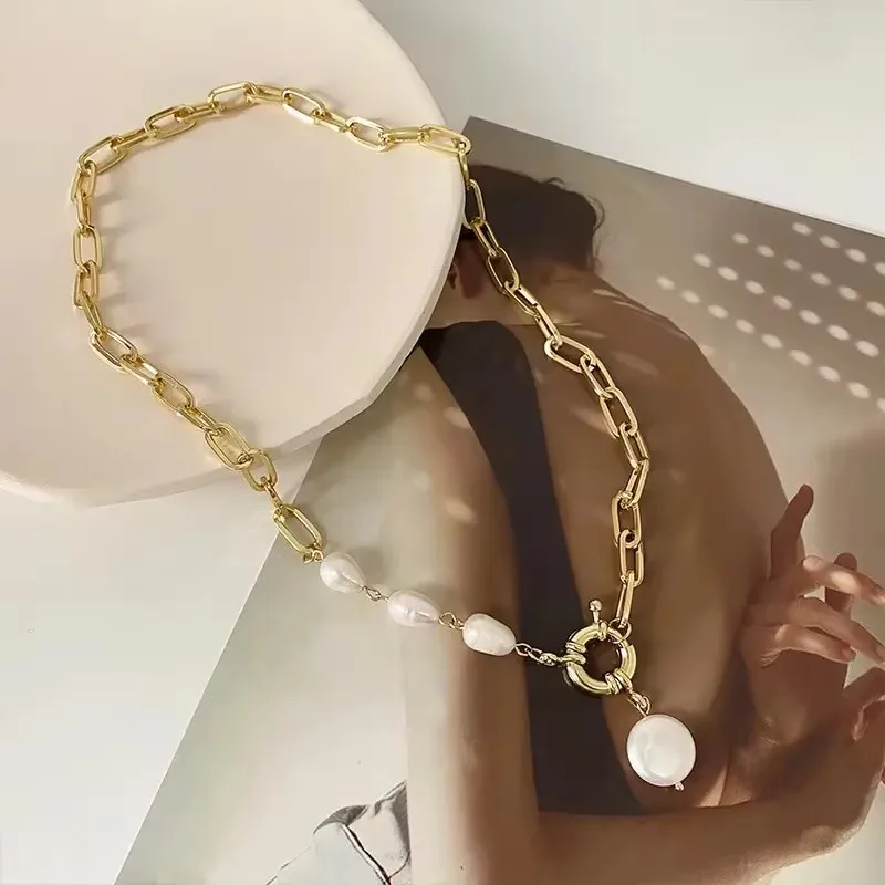1Pc Imitation Pearl Pendant Necklace for Man and Woman Hip Hop Style Gold Plated Necklace Metal Wind Jewelry image 2