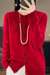 2024 autumn and winter new peony 100% merino wool cardigan women's round neck solid color Chinese style coat top