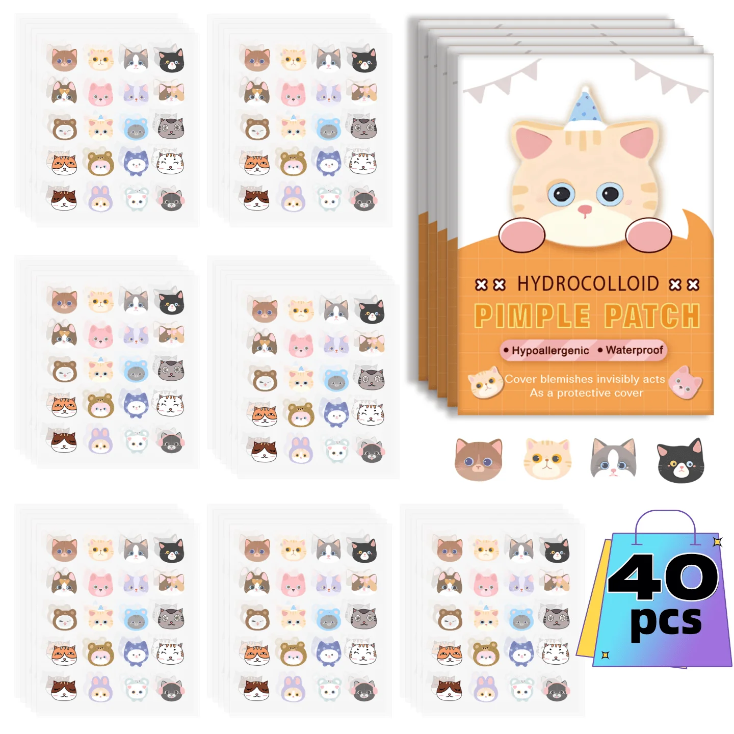 40pcs Salicylic Acid Acne Patches - Invisible & Cute Cat-Shaped Stickers to Fight Pimples and Soothe Skin