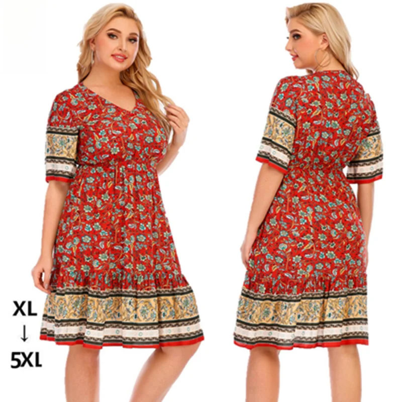 

Summer New European and American plus Size Women's Clothes Short Sleeve Printed Dress Fashion